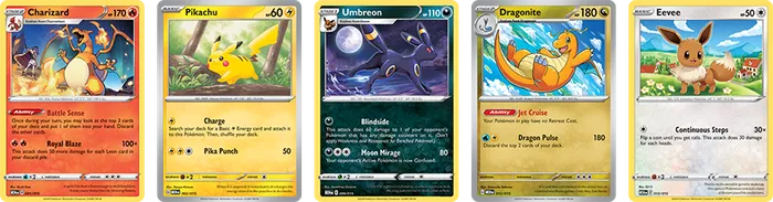 Five cards from the 2025 McDonald's Pokémon promotion: Charizard, Pikachu, Umbreon, Dragonite, and Eevee