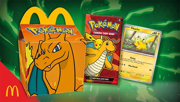 Official 2025 McDonald's Pokémon Happy Meal art: a Charizard Happy Meal box, a Pokémon TCG booster pack, and a Pikachu card