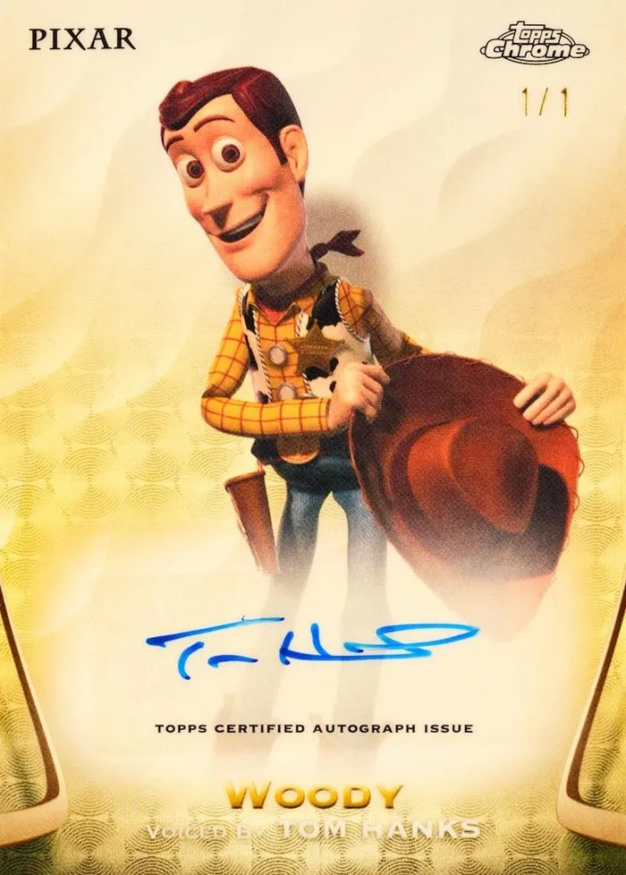 Woody autograph signed by Tom Hanks, 2025 Topps Chrome Disney, numbered 1/1
