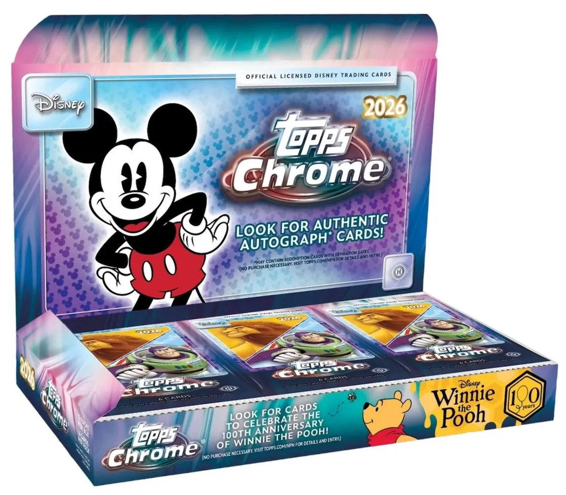 Sealed 2026 Topps Chrome Disney Hobby box with Mickey Mouse on the lid