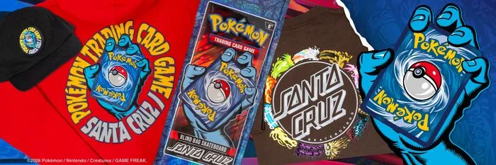 Santa Cruz x Pokémon TCG apparel: shirts, a beanie and a blind bag skateboard