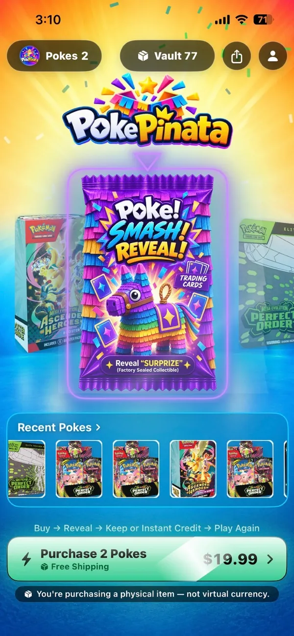 PokePinata home screen showing a Poke Smash Reveal pack and a Purchase 2 Pokes button at $19.99 with free shipping