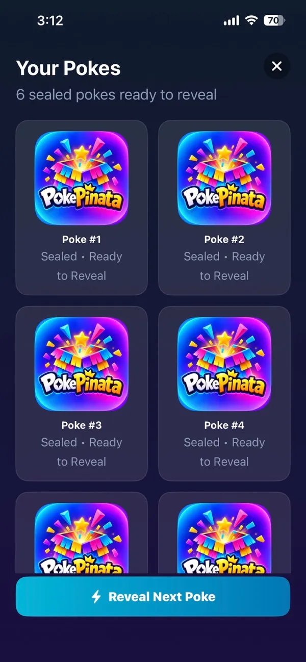 PokePinata Your Pokes screen listing sealed Pokes ready to reveal