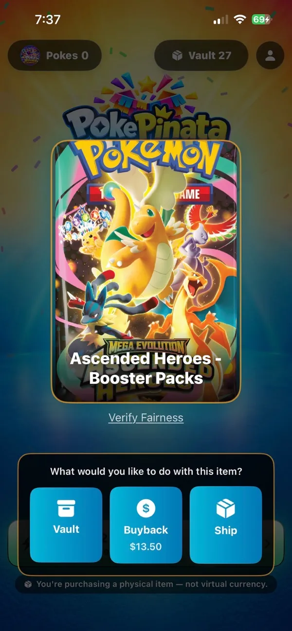 PokePinata reveal screen showing Ascended Heroes booster packs with Vault, Buyback at $13.00, and Ship options