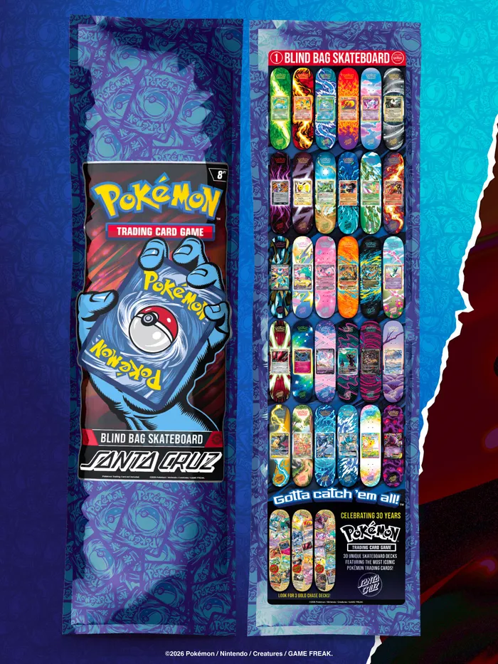 Santa Cruz x Pokémon TCG blind bag skateboard packaging next to the lineup of card-art deck designs
