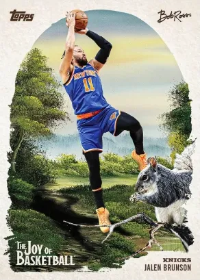 Jalen Brunson, New York Knicks, Joy of Basketball base-style preview card with a painted forest and squirrel