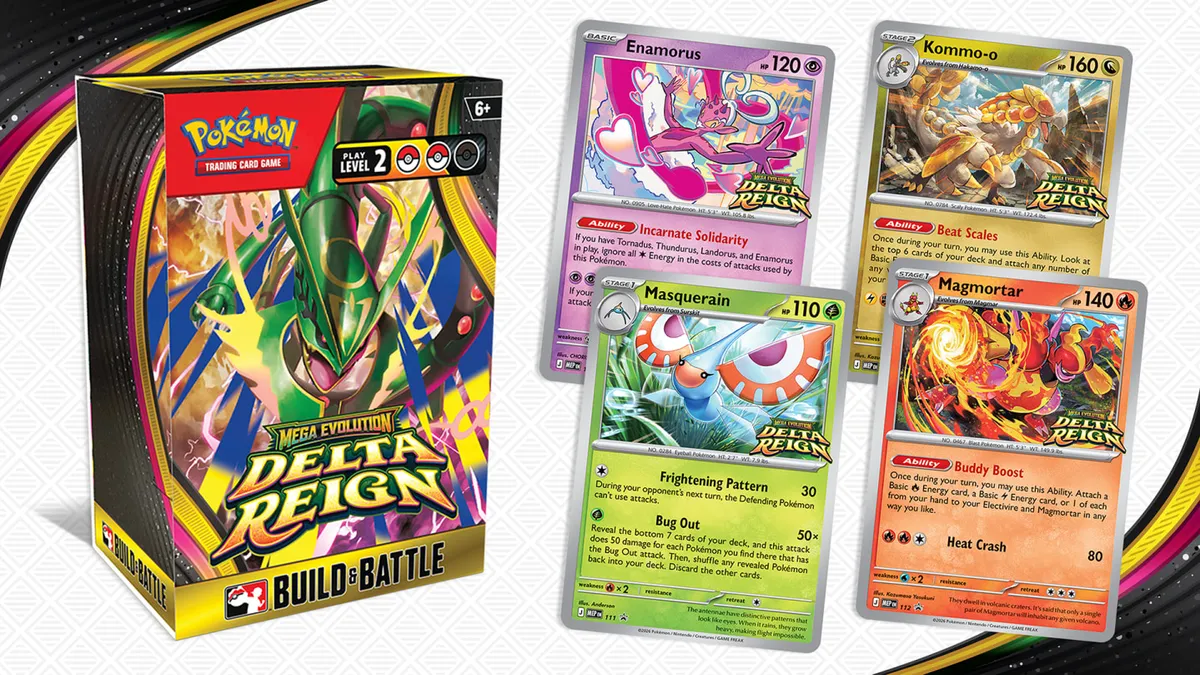 Pokémon TCG Mega Evolution Delta Reign Build and Battle Box with the four foil prerelease promos: Enamorus, Kommo-o, Masquerain, and Magmortar