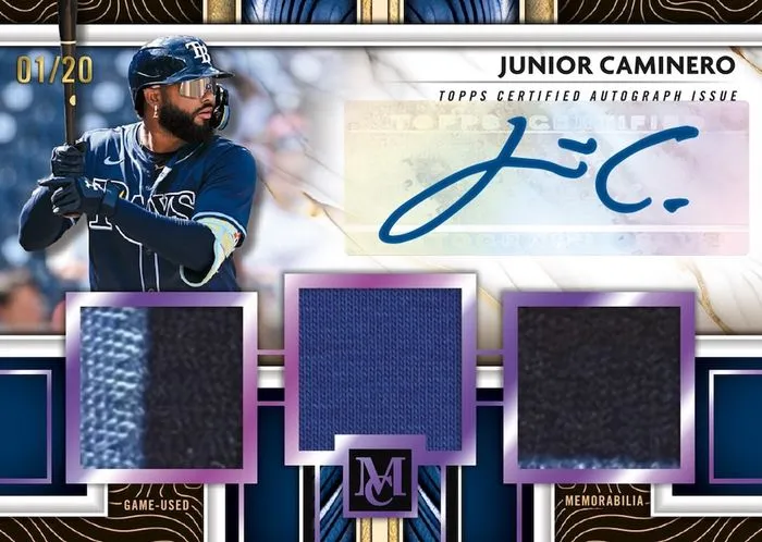 Junior Caminero Single-Player Signature Swatches triple relic autograph, numbered to 20