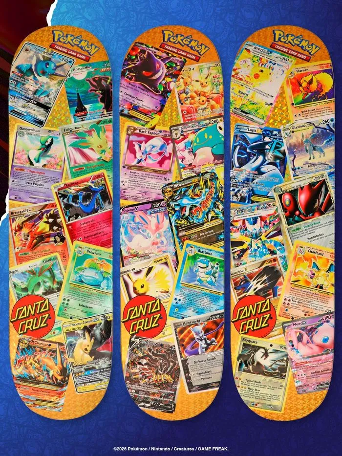 Santa Cruz x Pokémon TCG skateboard decks covered in multi-card collages