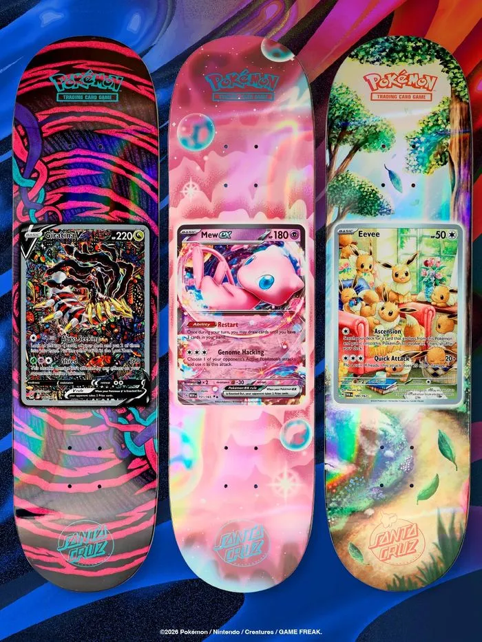 Three Santa Cruz x Pokémon TCG skateboard decks with full Pokémon card art at the center