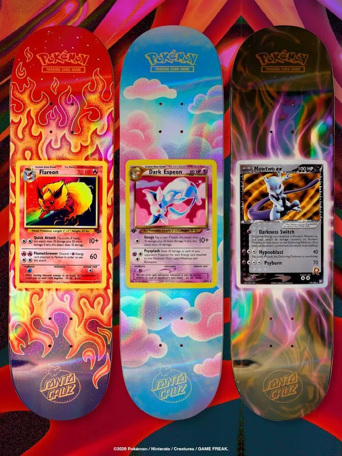 Three Santa Cruz x Pokémon TCG skateboard decks featuring Pikachu and other card art
