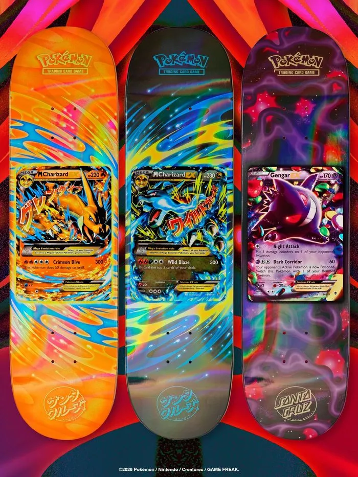 Three Santa Cruz x Pokémon TCG skateboard decks with swirling card-inspired backgrounds