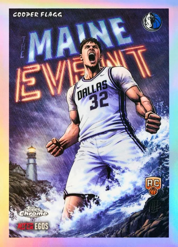 Cooper Flagg Alter Egos SSP card: illustrated "Maine Event" super-powered persona in a Mavericks uniform