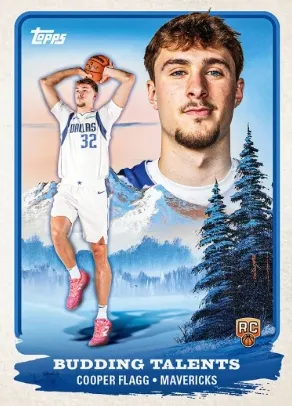 Cooper Flagg, Dallas Mavericks, Budding Talents insert preview card with a snowy mountain scene