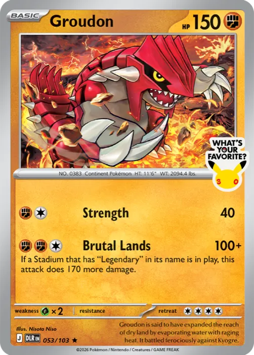 Groudon store promo card with the Pokémon 30 What's Your Favorite logo