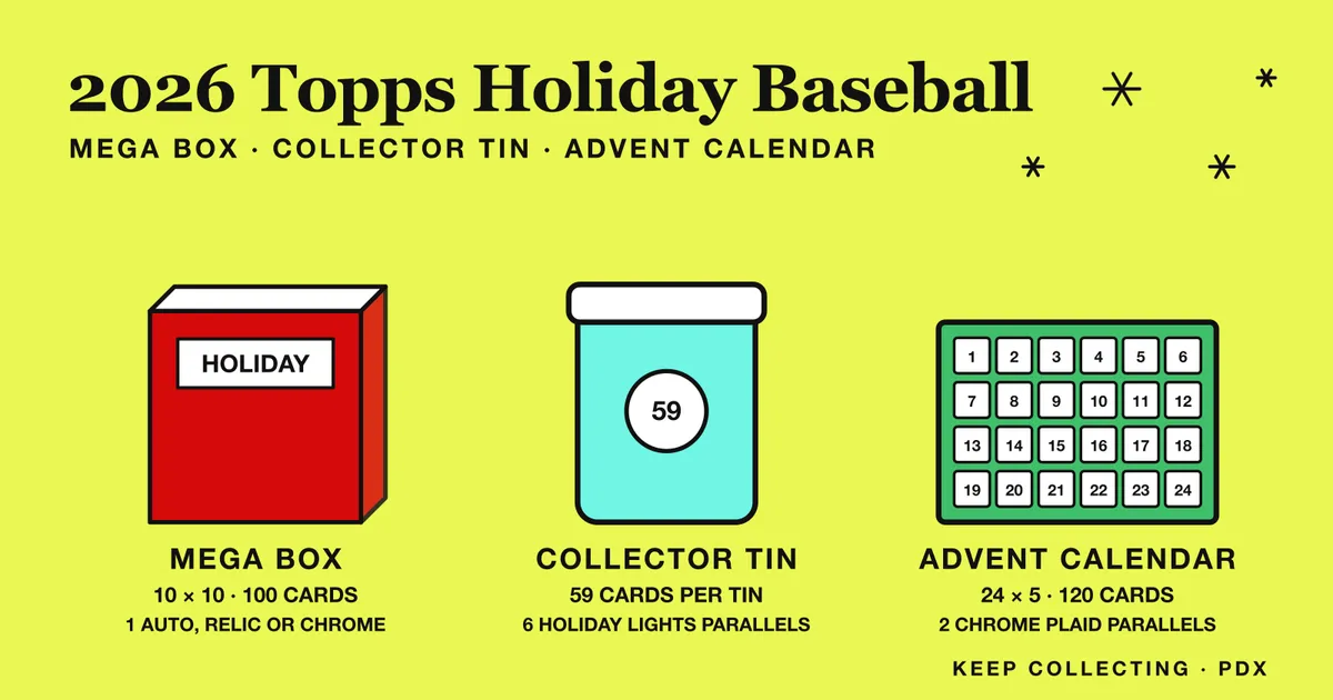 Illustration of the three 2026 Topps Holiday Baseball formats: Mega Box with 100 cards, Collector Tin with 59 cards, and a 24-pack Advent Calendar with 120 cards