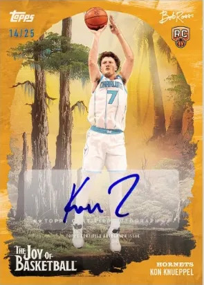 Kon Knueppel, Charlotte Hornets, rookie autograph preview card on a gold painted-forest design, numbered 14/25