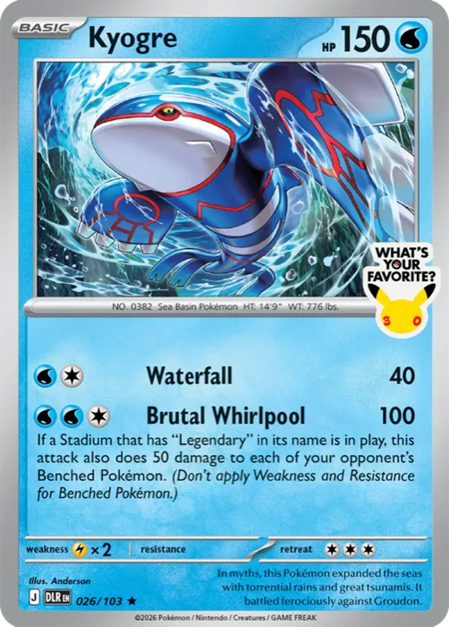 Kyogre store promo card with the Pokémon 30 What's Your Favorite logo