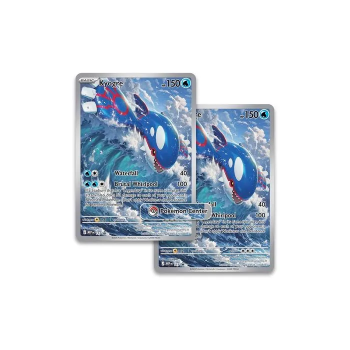 The two full-art foil Kyogre promo cards from the Pokémon Center Elite Trainer Box, one with a Pokémon Center logo
