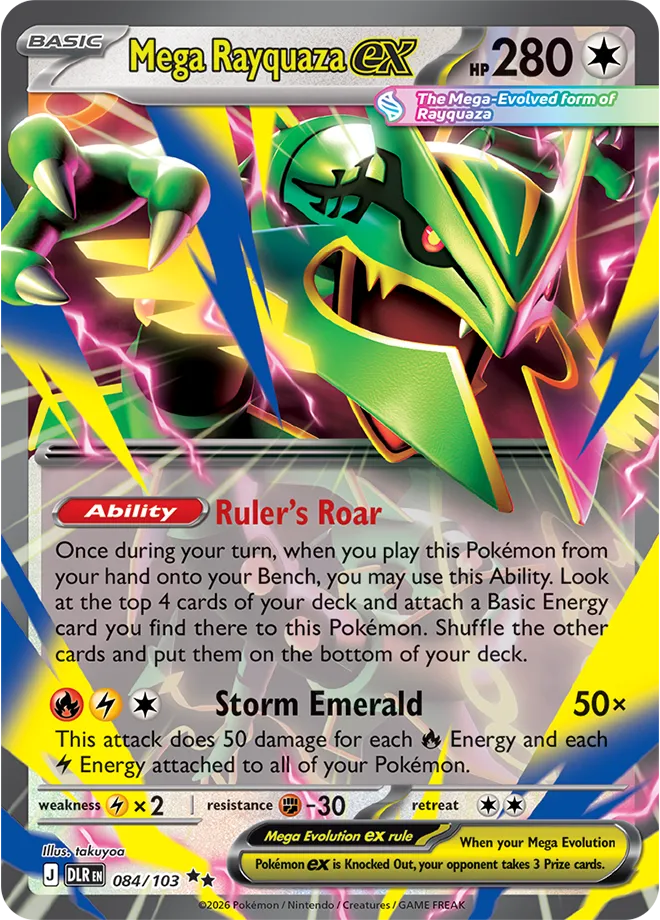Mega Rayquaza ex card, a Basic Pokémon ex with 280 HP and the Storm Emerald attack
