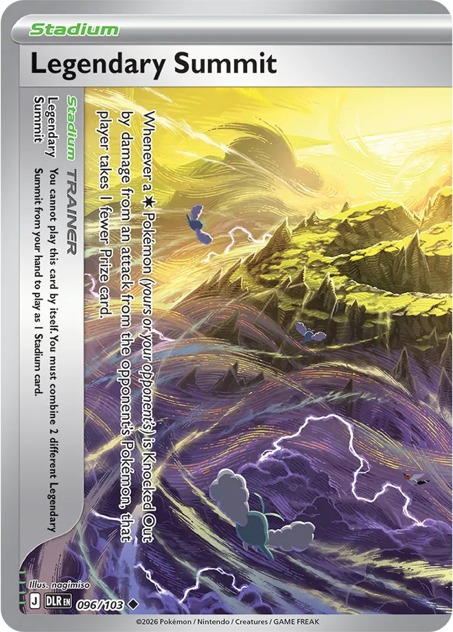 Legendary Summit Stadium card, left half, showing a mountain peak under a storm