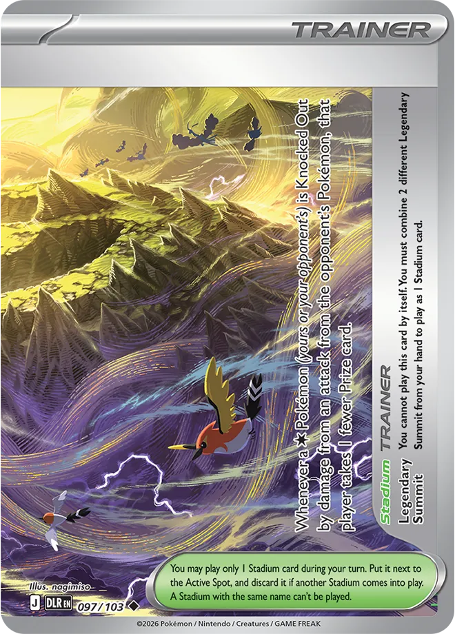 Legendary Summit Stadium card, right half, completing the stormy mountain scene