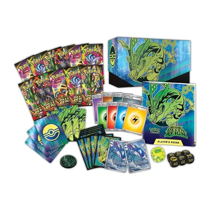 Everything in the Delta Reign Pokémon Center Elite Trainer Box: booster packs, sleeves, Energy cards, dice, coin, player's guide and storage box