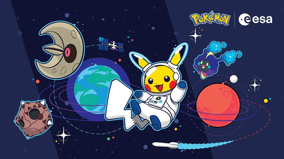 Official Pokémon x ESA World Space Week art: Astronaut Pikachu floating past Earth with Lunatone, Minior and other space Pokémon