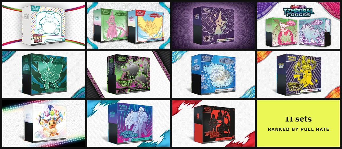 Elite Trainer Boxes from 11 Pokémon Scarlet & Violet sets, from 151 to Destined Rivals