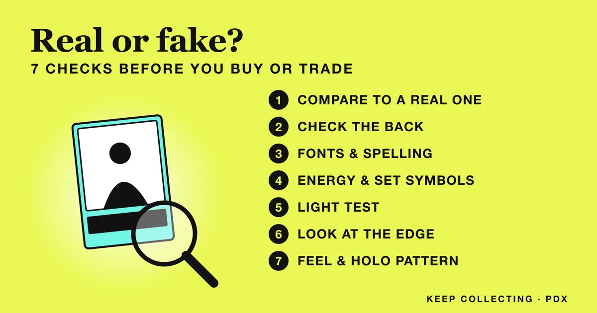 Illustration of a trading card under a light with a magnifying loupe, next to a list of seven checks for spotting fake cards
