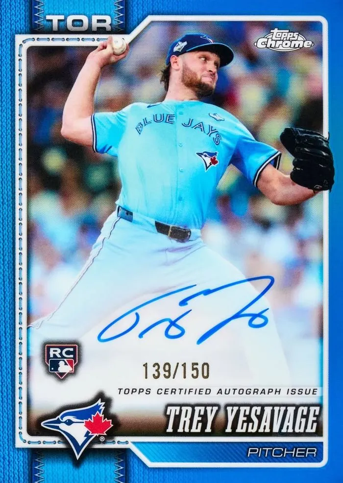 Trey Yesavage rookie autograph, blue refractor numbered to 150